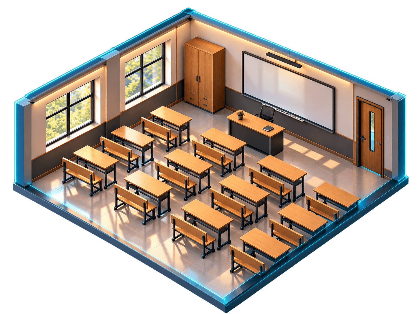 Cutaway view of a modern school classroom with timber desks and benches arranged in rows.