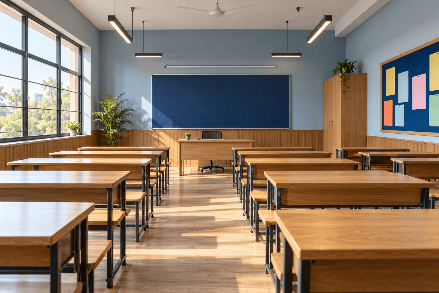 A school classroom interior with painted walls, timber panelling, pendant lights and wooden desks.